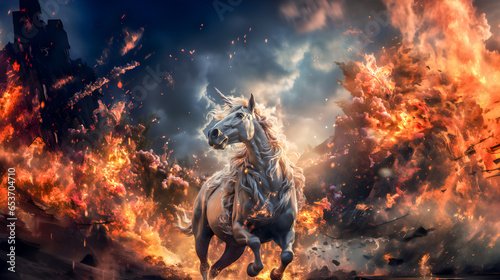 A unicorn run amidst fire.