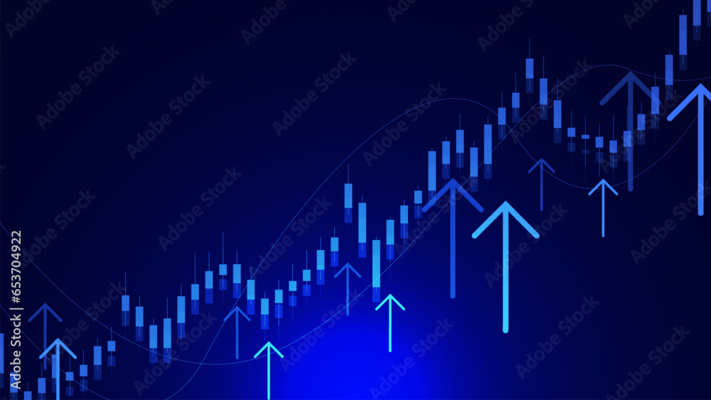 Candle stick stock market graph and up arrow for business, financial investment interest rating increasing concept background. - obrazy, fototapety, plakaty 