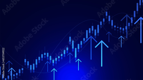 Candle stick stock market graph and up arrow for business, financial investment interest rating increasing concept background.