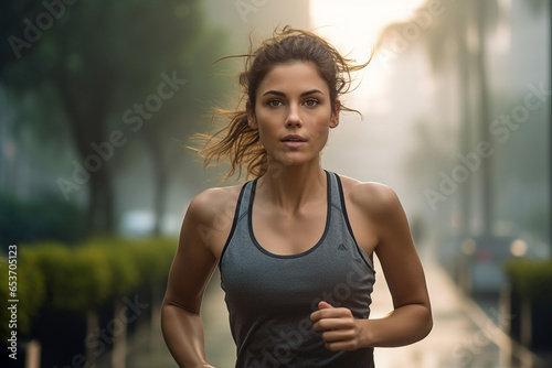 Happy person jogging in a beautiful park in the morning sunrise image made with generative AI