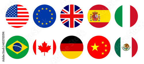 National flags icons vector, main flag languages set. UK, Germany, USA, Russia, China, France… Isolated circle buttons on white background. Website language choice symbols. Vector UI flag design. 