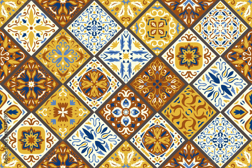 Set of patterned azulejo floor tiles background. Seamless colorful pattern. Abstract geometric patchwork. Collection of ceramic tiles in turkish style. Portuguese and Spain decor. Islam, Arabic