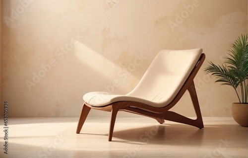 Smooth Wooden Lounge Chair, Nobody Inside Beige Wall, Interior Room with Plant, using Generative Ai