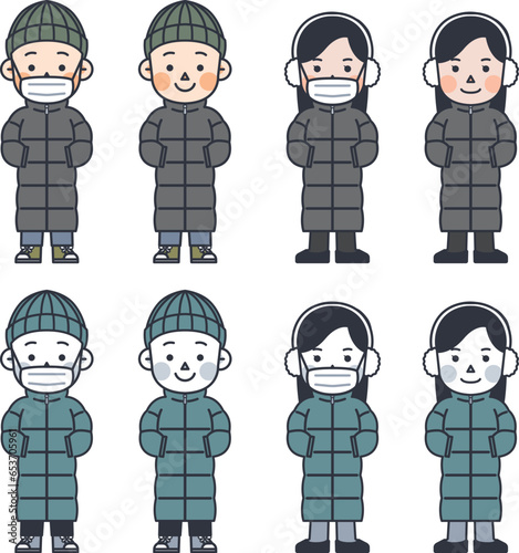 Illustrations of men and women in long padded jackets