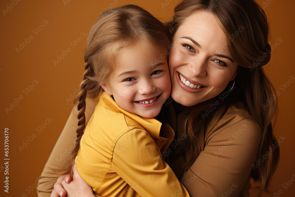 closeup of a mother with her little daughter posing smiling with orange background