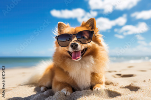 Fotografia, Obraz Charming Dog, Sporting Stylish Sunglasses, Frolicking On Sunsoaked Sandy Beach D