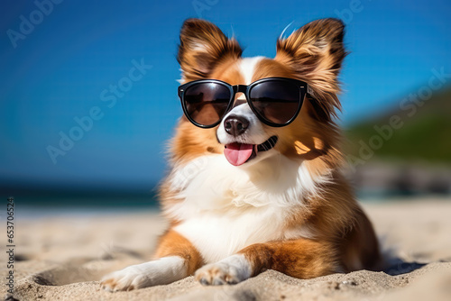 Charming Dog, Sporting Stylish Sunglasses, Frolicking On Sunsoaked Sandy Beach During Scorching Summer Day By The Ocean © Anastasiia
