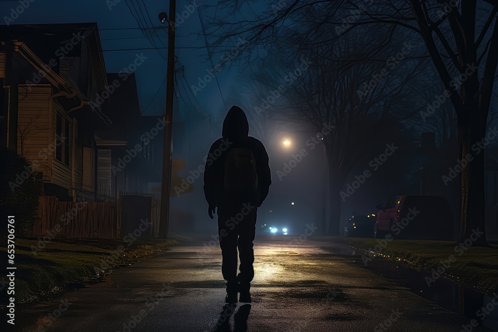 Mysterious Silhouette Of Person Wearing Hoodie, Traversing The Dark Streets Of Neighborhood Under The Faint Glow Of Streetlight On Late Night