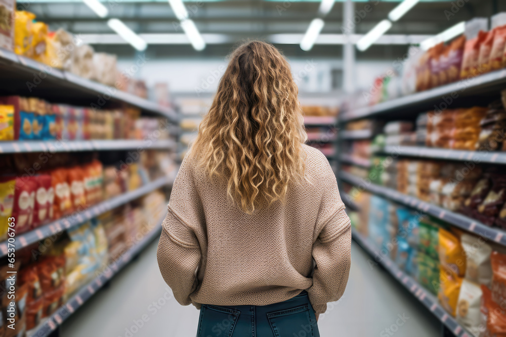 Photograph Taken From Behind Young American Woman As She Shops For Groceries And Food Products In Wellstocked Supermarket