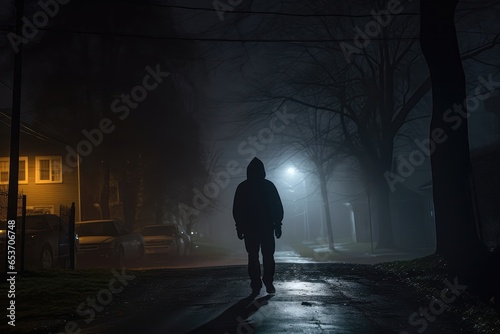 Mysterious Silhouette Of Person Wearing Hoodie  Traversing The Dark Streets Of Neighborhood Under The Faint Glow Of Streetlight On Late Night