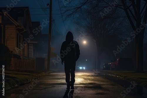 Mysterious Silhouette Of Person Wearing Hoodie, Traversing The Dark Streets Of Neighborhood Under The Faint Glow Of Streetlight On Late Night © Anastasiia