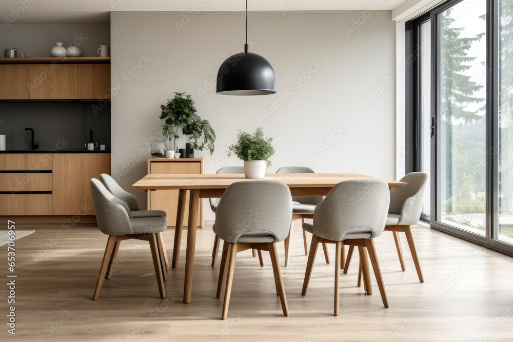 Fototapeta premium A Serene and Minimalistic Scandinavian Dining Room with Clean Lines, Neutral Colors, and Sleek Furniture Creating a Calm and Cozy Atmosphere.