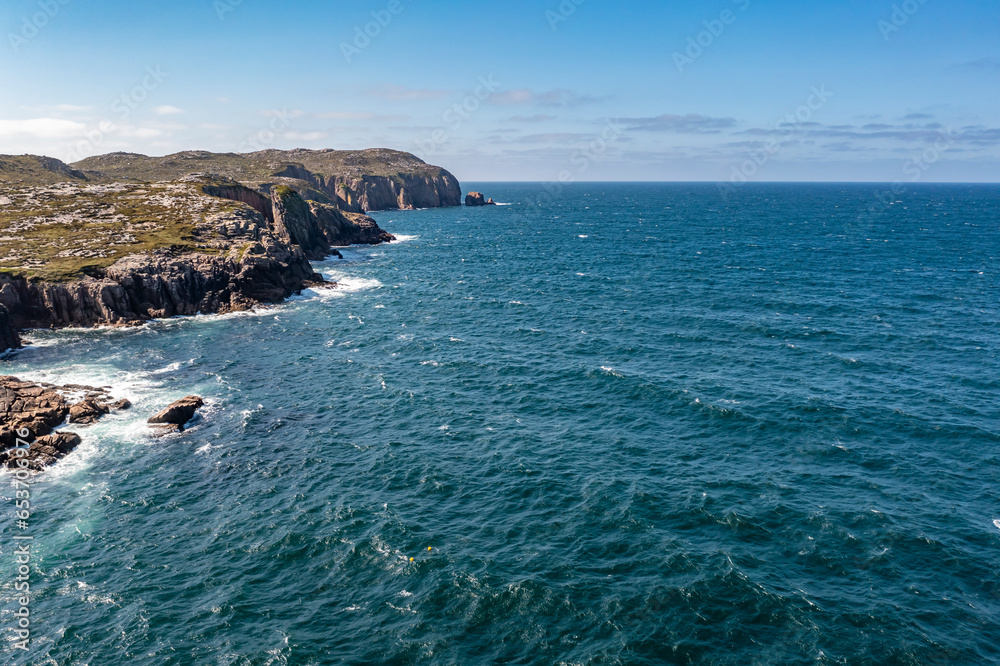 Aerial view of cliffs and sea stacks on Owey Island, County Donegal, Ireland