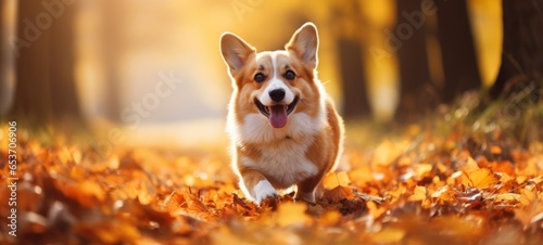 Happy Corgi dog on Autumn nature background. Banner with yellow fall leaves
