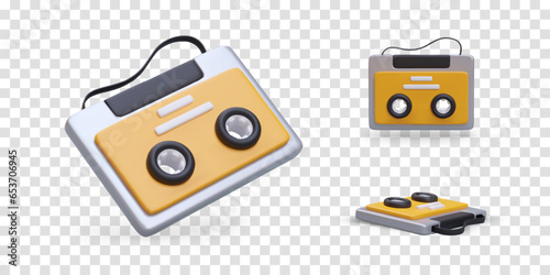 3d realistic cassette in different position. Cassette for recording and playing music. Element for music store poster. Colorful vector illustration in yellow colors