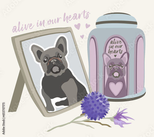 Pet cremation. Photo of lovely dog, cremation urn, toy ball and flower. Vector isolated illustration with lettering.