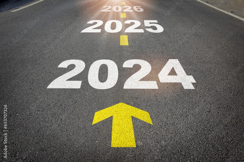 2024 to 2026 written on the road background with yellow arrow. Business planning recovery concept and new year beginning success idea - obrazy, fototapety, plakaty 