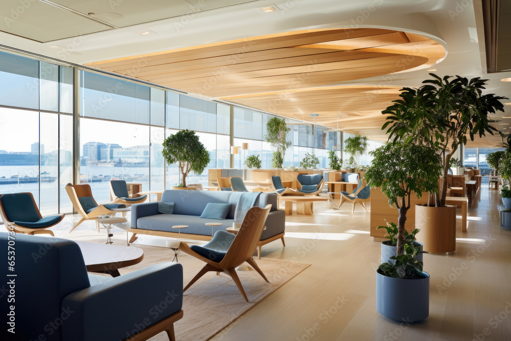 Capturing the essence of the Mediterranean in office interiors: Serene and sophisticated spaces blending traditional and modern aesthetics for a productive work environment.