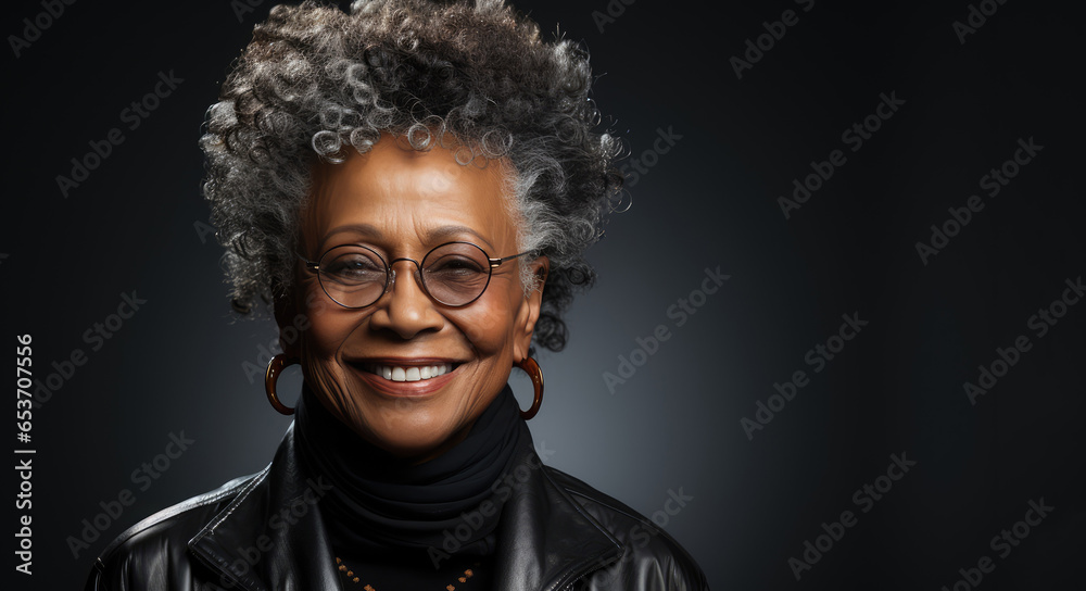 Senior African American businesswoman smiling in a black background Senior African American businesswoman smiling in a black background