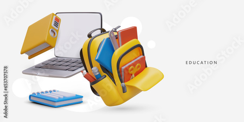 Different elements for study. 3d realistic laptop, backpack with books and pencils. Kit for education concept. Colorful vector illustration with place for text