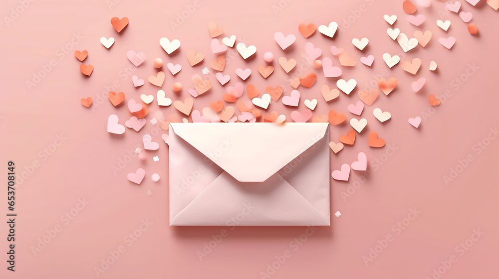 love letter envelope with paper craft hearts on pink background, generative AI - obrazy, fototapety, plakaty 