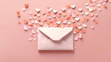love letter envelope with paper craft hearts on pink background, generative AI