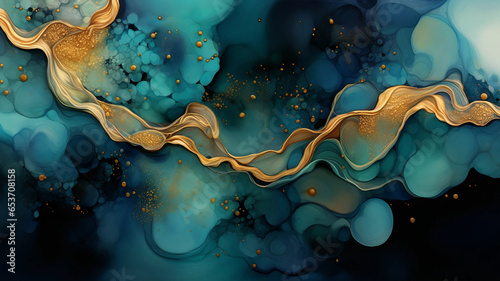 Beautiful Teal and Blue Paint Swirls with Gold Glitter. Modern Art Wallpaper | Background