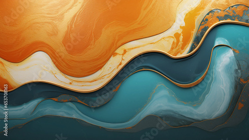 Flowing Modern Acrylic Pour Wallpaper in Beautiful Teal and Orange colors. Liquid texture with Gold Glitter | Background
