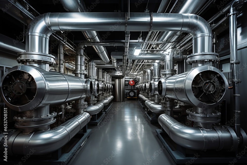 Boiler room equipment - silver chrome pipeline Boiler room equipment - silver chrome pipeline