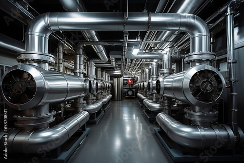 Boiler room equipment - silver chrome pipeline © Denis