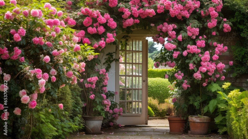 Charming English Garden with Roses in Full Bloom
