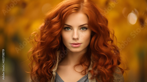 Autumn woman. Beautiful attractive young woman with long red hair in the autumn park.