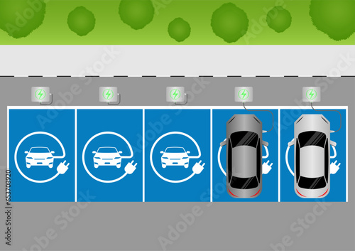 Electric car or EV car charging at  Charging Station in Parking Space Aerial View. Green Energy or Eco-friendly Concept. Vector Illustration. 