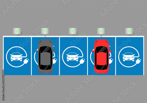 Electric car or EV car charging at  Charging Station in Parking Space Aerial View. Green Energy or Eco-friendly Concept. Vector Illustration. 