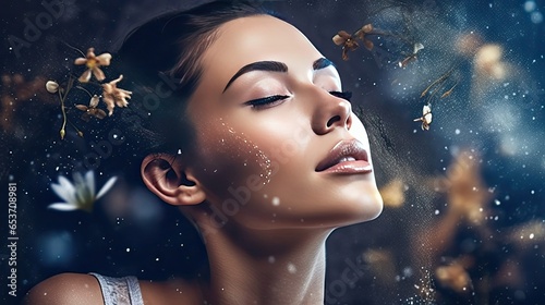Facial care. Woman using skin cream. Beautiful style illustration. Generative AI