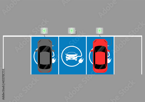 Electric car or EV car charging at  Charging Station in Parking Space Aerial View. Green Energy or Eco-friendly Concept. Vector Illustration. 