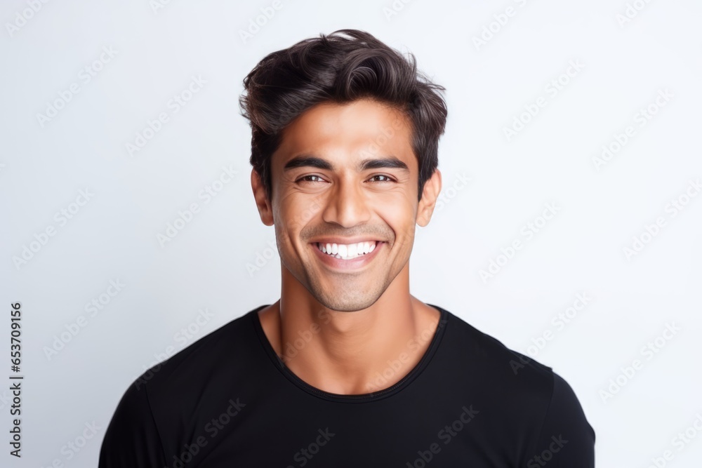 Closeup Photo Portrait Of Indian Man With Bright Smile And Clean Teeth, Suitable For Dental Advertisements He Has Stylish Hair And Welldefined Jawline, Isolated On White () Closeup Photo Portrait Of Indian Man With Bright Smile And Clean Teeth, Suitable For Dental Advertisements He Has Stylish Hair And Welldefined Jawline, Isolated On White ()