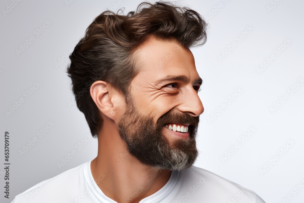 Fototapeta premium Closeup Portrait Captures Handsome Man With Dazzling Smile, Ideal For Dental Advertisement This Gentleman Boasts Fresh And Stylish Hairdo, Wellgroomed Beard, And Stron()
