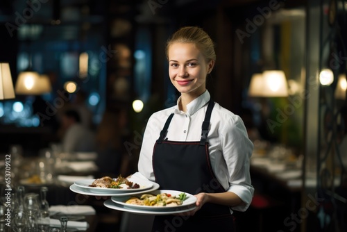 Cheerful Serverwaitress In Upscale Restaurant  Skillfully Carrying Tray Laden With Delectable Dishes To Table In Luxurious Dining Establishment