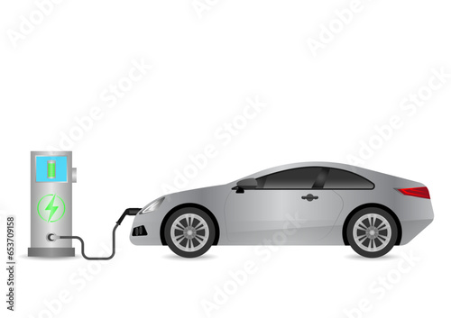 Electric car or EV car charging at Charging Station. Green Energy or Eco-friendly Concept. Vector Illustration. 