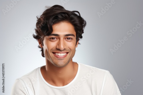 Closeup Photo Portrait Showcases Handsome Indian Man With Beaming Smile, Displaying Clean Teeth And Fresh Hairstyle, Ideal For Dental Advertisement The Image Is Set Agains()