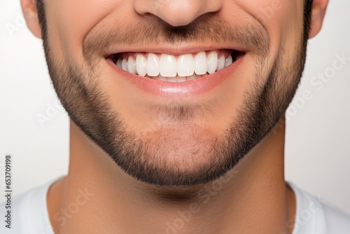 Closeup Portrait Captures The Radiance Of Handsome Mans Smile, Featuring Clean Teeth And Stylish Hair And Beard This Image Is Perfect For Dental Advertisement And Stands Again photo
