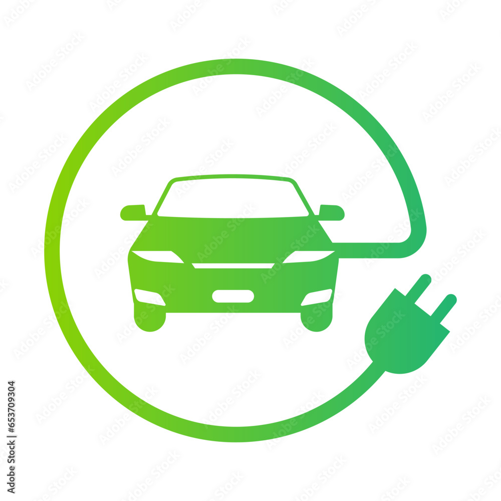 Electric Car. EV Car Symbol. Electric Car at Charging Station. Green Energy or Eco-friendly Concept. Vector Illustration. Electric Car. EV Car Symbol. Electric Car at Charging Station. Green Energy or Eco-friendly Concept. Vector Illustration.