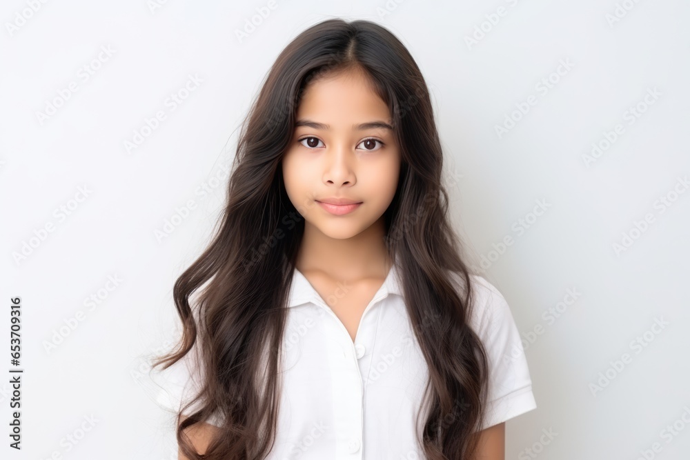 Closeup Portrait Presents Beautiful Young Asian Indian Teen Girl Gazing Forward, Offering Ample Copy Space For Childfocused Advertisements She Isolated On White B() Closeup Portrait Presents Beautiful Young Asian Indian Teen Girl Gazing Forward, Offering Ample Copy Space For Childfocused Advertisements She Isolated On White B()