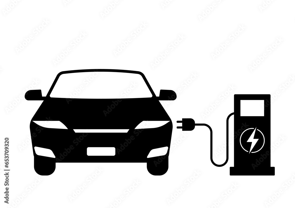 Electric Car. EV Car Symbol. Electric Car at Charging Station. Green Energy or Eco-friendly Concept. Vector Illustration. Electric Car. EV Car Symbol. Electric Car at Charging Station. Green Energy or Eco-friendly Concept. Vector Illustration.