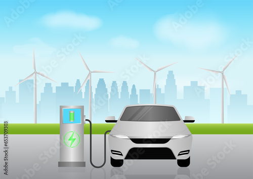 Electric car or EV car charging at  Charging Station in Green City with Wind Turbines. Green Energy or Eco-friendly Concept. Vector Illustration. 