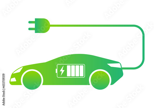 Electric Car. EV Car Symbol. Electric Car at Charging Station. Green Energy or Eco-friendly Concept. Vector Illustration. 