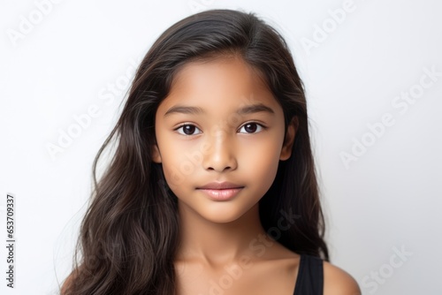Closeup Portrait Presents Beautiful Young Asian Indian Teen Girl Gazing Forward, Offering Ample Copy Space For Childfocused Advertisements She Isolated On White © Anastasiia