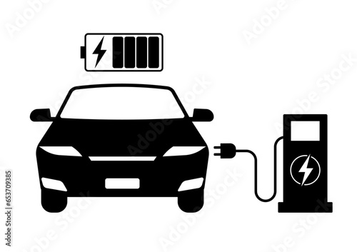 Electric Car. EV Car Symbol. Electric Car at Charging Station. Green Energy or Eco-friendly Concept. Vector Illustration. 