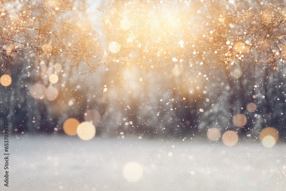 Abstract magic winter landscape with snow and golden bokeh lights - Banner, Panorama Abstract magic winter landscape with snow and golden bokeh lights - Banner, Panorama